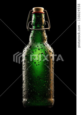 Green glass beverage bottle covered with droplets, isolated on dark background with clipping path, concept of freshness and chill 138024558
