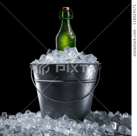 Cold green bottle in metal bucket filled with ice cubes on black background with clipping path, concept of refreshment and cooling Cold green bottle in metal bucket filled with ice cubes on black background with clipping path, concept of refreshment and cooling 138024571
