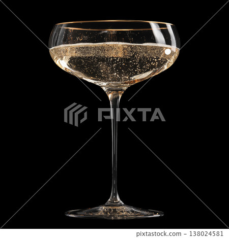 A filled champagne coupe glass with golden bubbles on black background with clipping path A filled champagne coupe glass with golden bubbles on black background with clipping path 138024581