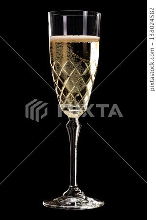 Crystal champagne flute filled with sparkling drink on black background with clipping path Crystal champagne flute filled with sparkling drink on black background with clipping path 138024582