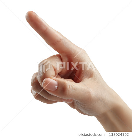 Woman's hand making a index finger pointing gesture, isolated on white background, concept of direction and attention 138024592