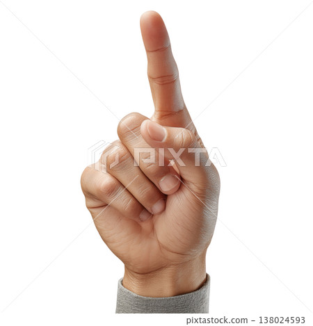 Woman's hand with manicured nails showing upward pointing gesture isolated on white background, concept of attention or direction 138024593