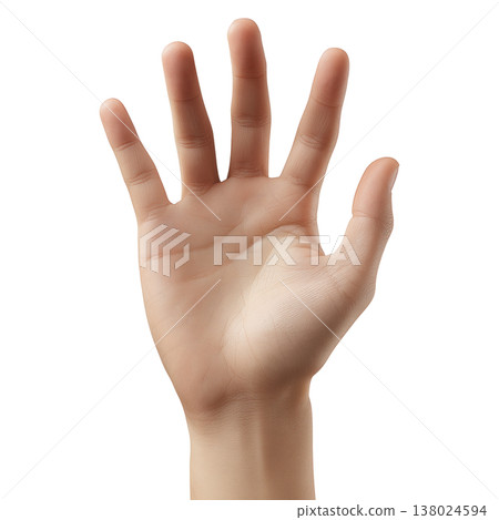 Human hand with fingers spread wide and open palm, isolated on white background. Concept of gesture, stop, or greeting 138024594