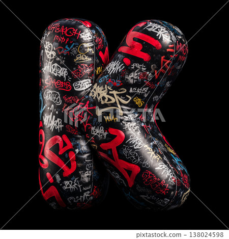 3D inflated K letter filled with bold graffiti tag in street art style on black backdrop with clipping path, urban creativity vibe 138024598