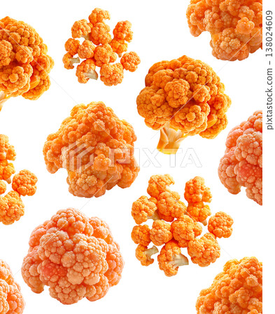 Multiple orange cauliflower florets displayed in seamless organic pattern style on white background, concept of healthy food Multiple orange cauliflower florets displayed in seamless organic pattern style on white background, concept of healthy food 138024609