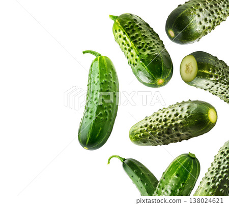 Multiple fresh green cucumbers arranged in a seamless pattern isolated on white background, healthy food and organic produce 138024621