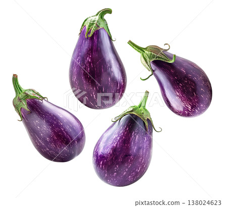 Several purple striped eggplants displayed in scattered pattern isolated on white background, produce and organic food concept Several purple striped eggplants displayed in scattered pattern isolated on white background, produce and organic food concept 138024623