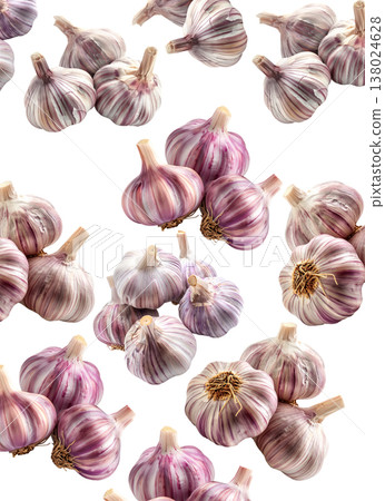 Multiple whole garlic bulbs arranged in a seamless pattern, isolated on white background. Concept of organic food and culinary spice 138024628