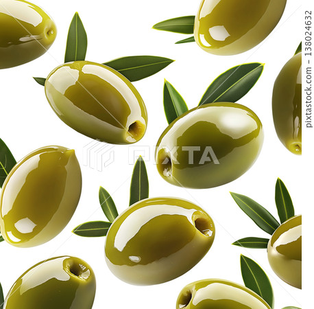 Shiny green olives with natural leaves in seamless pattern isolated on white background, freshness and Mediterranean cuisine 138024632