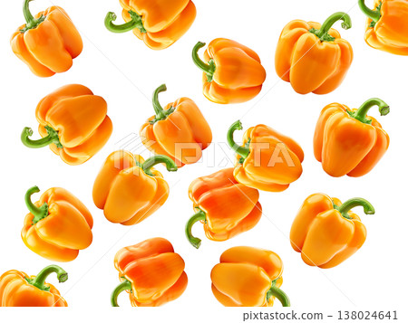 Multiple fresh orange bell peppers scattered in a seamless pattern, isolated on white background, concept of healthy food Multiple fresh orange bell peppers scattered in a seamless pattern, isolated on white background, concept of healthy food 138024641