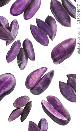 Whole and sliced purple yams or sweet potato, isolated on a white background, concept of exotic root vegetable texture 138024647