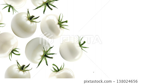 Multiple white tomatoes with green stems isolated on white background, representing freshness and uniqueness Multiple white tomatoes with green stems isolated on white background, representing freshness and uniqueness 138024656