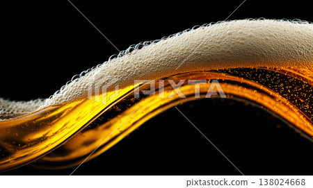 Golden foamy liquid splash and golden beer wave with frothy bubbles on dark background, concept of freshness, energy and vitality Golden foamy liquid splash and golden beer wave with frothy bubbles on dark background, concept of freshness, energy and vitality 138024668