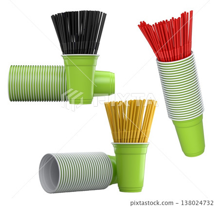 Multiple colorful plastic straws arranged in plastic cups isolated on white background, symbolizing party beverages Multiple colorful plastic straws arranged in plastic cups isolated on white background, symbolizing party beverages 138024732