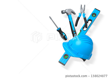 Set of hand tools including pliers, pipe wrench, hammer, helmet and screwdriver isolated on white background, concept of repair 138024877