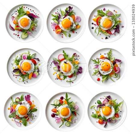 Salad with fried egg, fresh greens and vegetables isolated on white transparent background, top view. 138024939