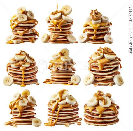 Stack of pancakes topped with banana slices and peanut butter splash isolated on white transparent background Stack of pancakes topped with banana slices and peanut butter splash isolated on white transparent background 138024943