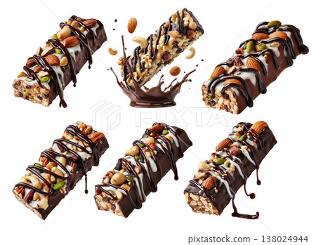 Chocolate coated nut protein energy fitness bar topped with almonds, cashews, walnuts, and chocolate drizzle on white 138024944