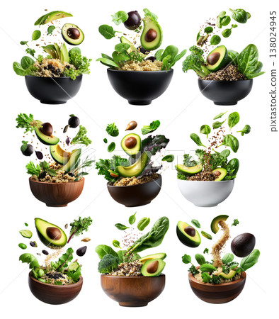 Healthy avocado, leafy greens, quinoa, and seeds burst above a wooden bowl, isolated on white transparent background Healthy avocado, leafy greens, quinoa, and seeds burst above a wooden bowl, isolated on white transparent background 138024945