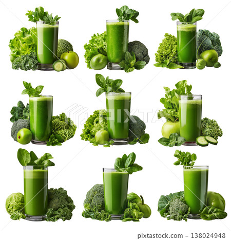 Fresh green vegetable smoothie in glass placed among kale, spinach, arugula, and cucumber slices on white background 138024948