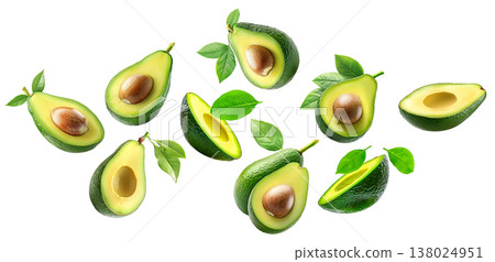 Whole and halved ripe avocados with green leaves, isolated on white background. Concept of fresh organic tropical fruit 138024951