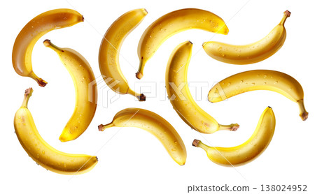 Multiple fresh yellow bananas with water droplets isolated on a white background. Concept of tropical fruit freshness 138024952