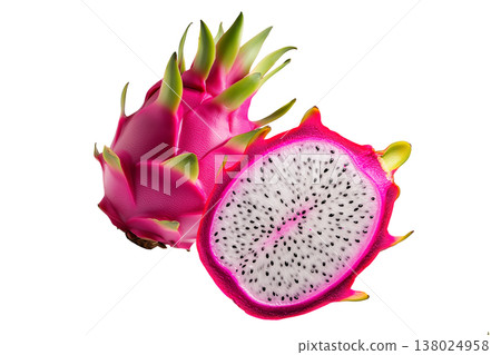 Whole and halved dragon fruits with vibrant pink skin and white flesh with seeds, on white background, concept of tropical food Whole and halved dragon fruits with vibrant pink skin and white flesh with seeds, on white background, concept of tropical food 138024958