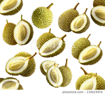 Whole and cut durian fruits arranged in a seamless pattern, isolated on white background. Concept of tropical food and exotic fruit Whole and cut durian fruits arranged in a seamless pattern, isolated on white background. Concept of tropical food and exotic fruit 138024959
