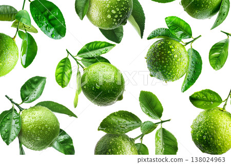 Juicy green limes with vibrant leaves covered in water droplets, isolated on white background, concept of freshness and citrus 138024963