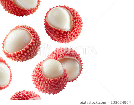 Fresh whole and peeled lychees with spiky pink skins and juicy white flesh on white background, concept of tropical fruit 138024964