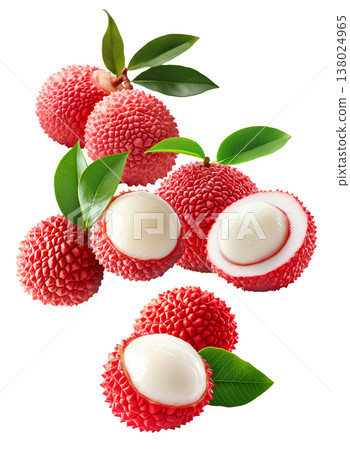 Juicy lychee fruits with red rough skin and green leaves, peeled and whole, on white background. Concept of tropical fruit 138024965