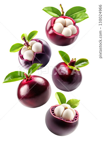 Whole and halved mangosteen fruits with green leaves isolated on white background, concept of tropical exotic fruits pattern 138024966