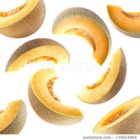 Fresh cantaloupe melon slices arranged in a seamless pattern isolated on white background, summer fruit freshness and health 138024968