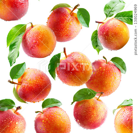 Juicy red-yellow plums and nectarines with dew drops and green leaves, isolated on white background, freshness and summer fruit 138024969