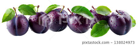 Juicy red and purple plums with green leaves and water droplets on white background, concept of freshness and healthy food 138024973
