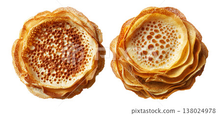Sago Pancakes thin crepes or stack of pancakes topped with powdered sugar isolated on white background, Papua New Guinea breakfast 138024978