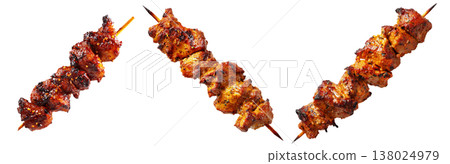 Anticuchos grilled beef meat skewer isolated on white transparent background, concept of South American barbecue cuisine Anticuchos grilled beef meat skewer isolated on white transparent background, concept of South American barbecue cuisine 138024979
