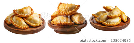 Saltenas Bolivianas baked empanadas with braided edges on wooden plate isolated on white background, South American Cuisine 138024985