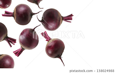 Whole red beetroots arranged in a scattered pattern, isolated on a white background, representing organic vegetables Whole red beetroots arranged in a scattered pattern, isolated on a white background, representing organic vegetables 138024988