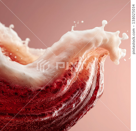 Red beer splash with a mildly overflowing creamy foam twisted on soft pink background, concept of freshness, energy and vitality 138025034