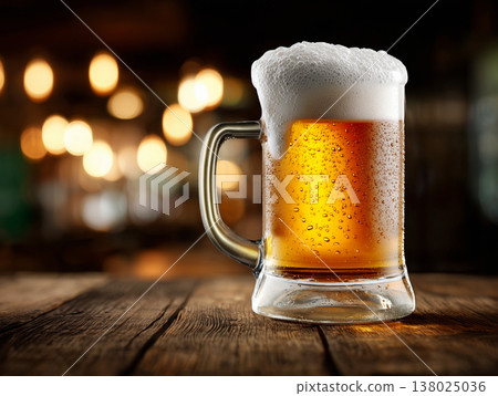 Frothy golden amber beer mug in closeup, on blurred pub lights background, concept of refreshment and relaxation 138025036