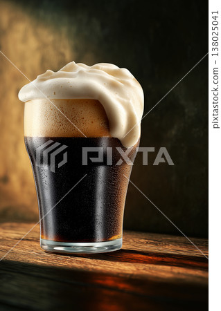 Frothy stout beer pint glass on dark background, representing refreshment and rich beverage appeal 138025041