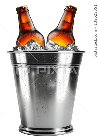 Set of cold beer bottles in a shiny metal bucket with ice cubes isolated on white background, concept refreshment 138025051