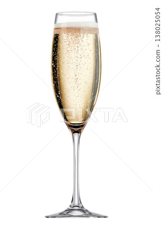 Closeup of champagne flute with golden bubbles isolated on white background symbolizing celebration and elegance Closeup of champagne flute with golden bubbles isolated on white background symbolizing celebration and elegance 138025054