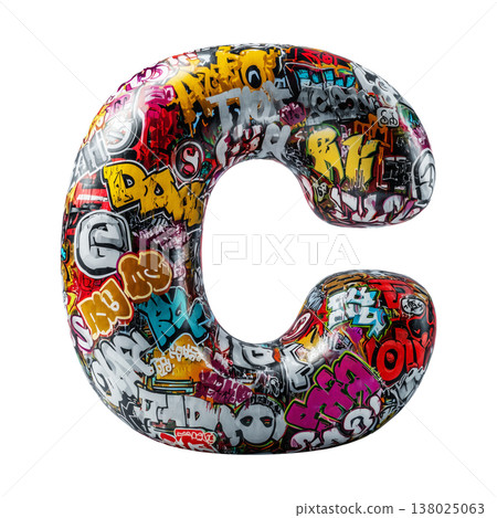 Inflatable letter C covered in graffiti art isolated on white background, representing urban creativity and bold street concept 138025063