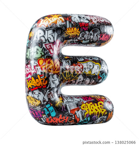 Inflatable letter E covered in graffiti art isolated on white background, representing urban creativity and bold street concept Inflatable letter E covered in graffiti art isolated on white background, representing urban creativity and bold street concept 138025066