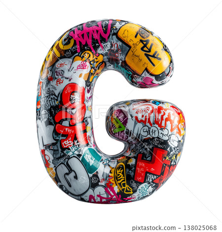 Inflatable letter G covered in graffiti art isolated on white background, representing urban creativity and bold street concept 138025068