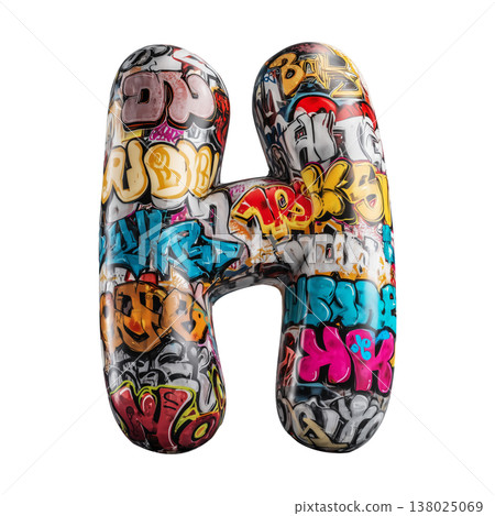 Inflatable letter H covered in graffiti art isolated on white background, representing urban creativity and bold street concept 138025069
