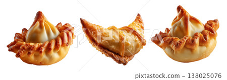 Set of Sambousek small crescent baked dumpling with twisted and pinched crust with cheese or meat, isolated on white background 138025076