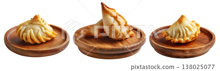 Set of Sambousek small crescent baked dumpling with twisted and pinched crust with cheese or meat, isolated on white background Set of Sambousek small crescent baked dumpling with twisted and pinched crust with cheese or meat, isolated on white background 138025077